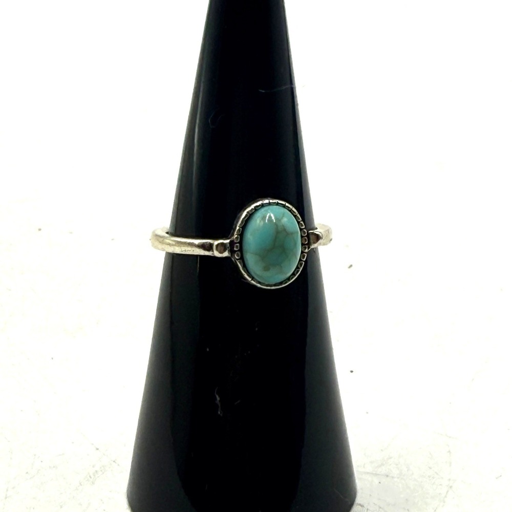 Sterling Silver Turquoise Oval Cabochon Beaded Bezel Ring Size 5.25